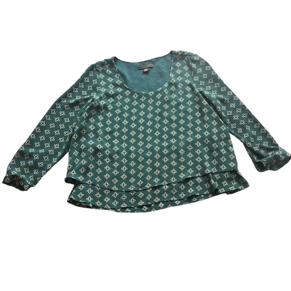 Metaphor Teal Geometric Printed Hem Layered Blouse Top Size XS 3/4 Sleeve